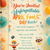 Creative April Fools invitation poster on wall with playful party setup
