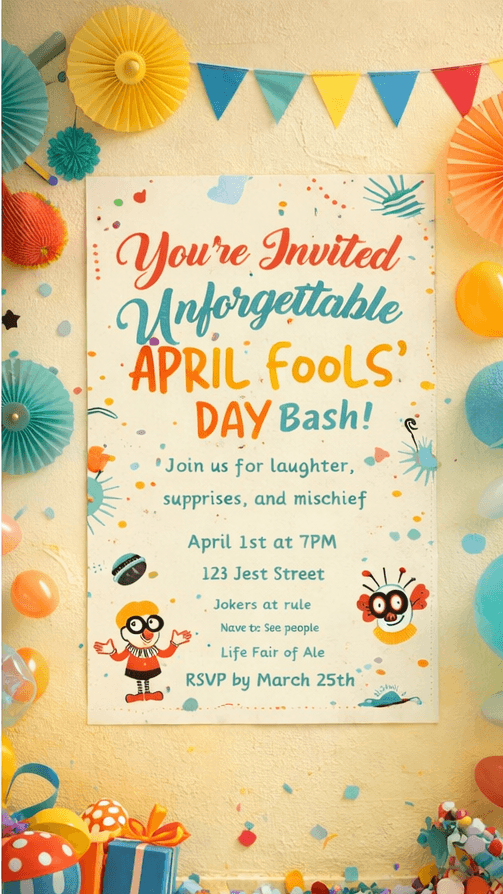 Creative April Fools invitation poster on wall with playful party setup