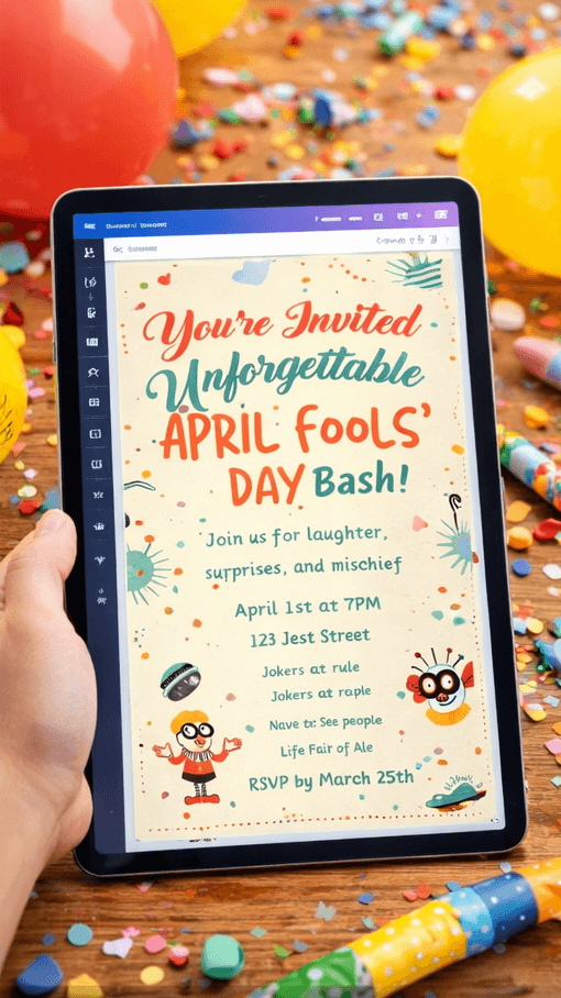 Editable April Fools invitation displayed on tablet with vibrant festive background