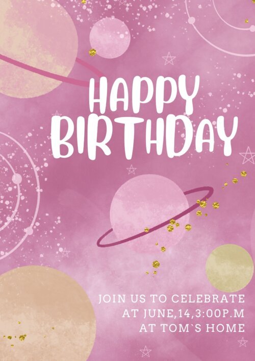 Editable space birthday invitation template with pink galaxy design