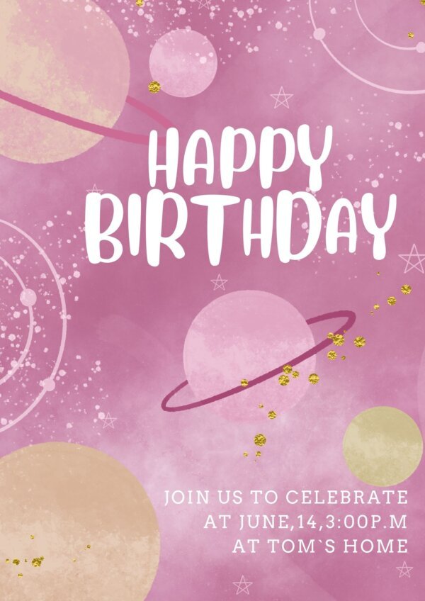 Editable space birthday invitation template with pink galaxy design