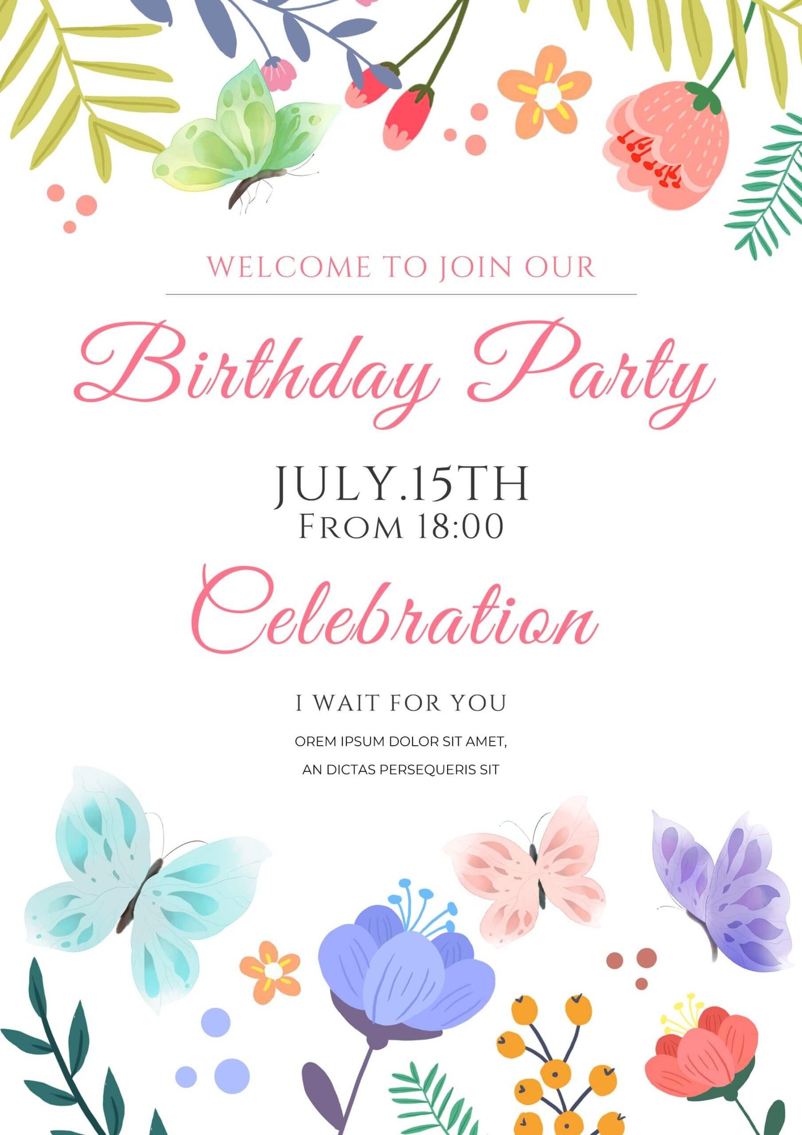 Floral Butterfly Birthday Invitation Template