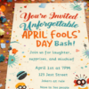 Whimsical April Fools invitation card on colorful party table with decorations