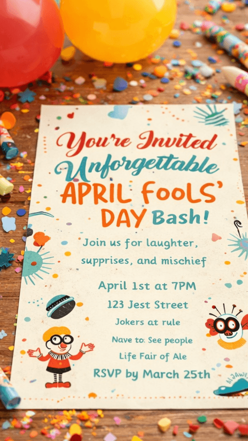 Whimsical April Fools invitation card on colorful party table with decorations