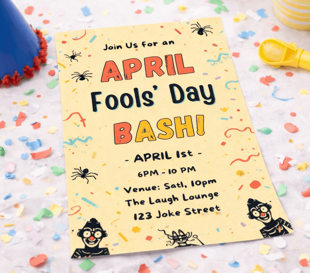 april fools day invitation card on colorful party table with confetti