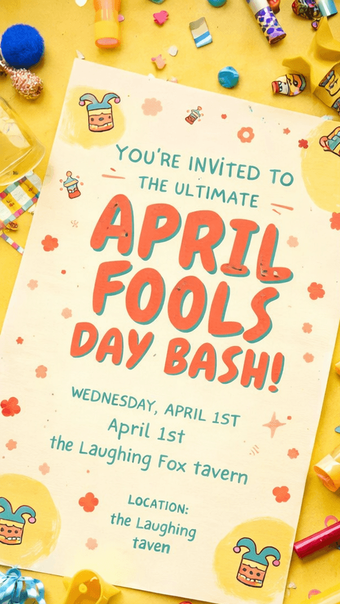 april fools party invitation template colorful flat lay