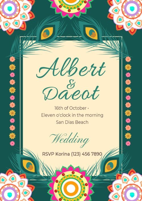 boho wedding invitation template peacock design