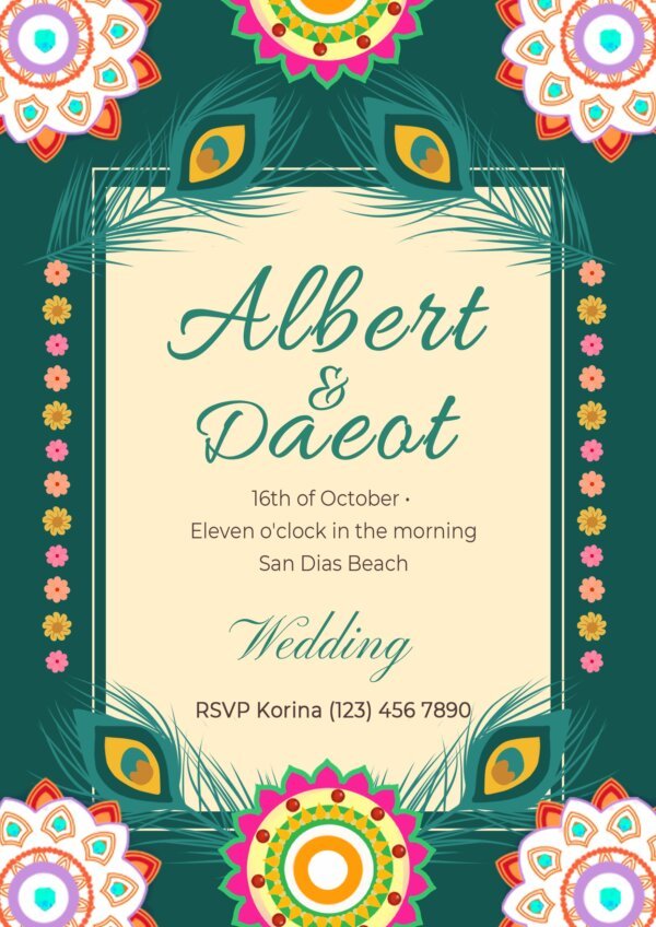 boho wedding invitation template peacock design