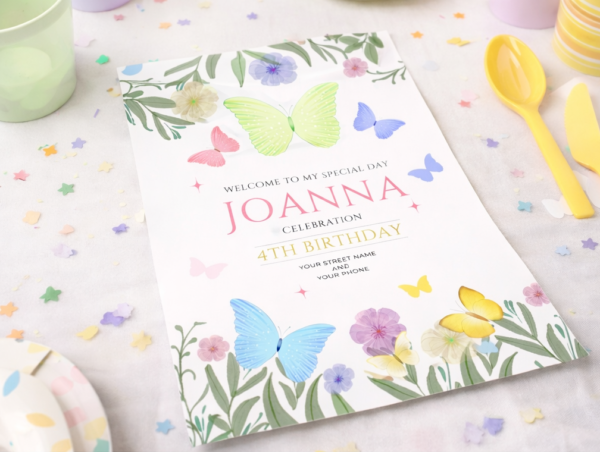butterfly birthday invitation card with floral design on party table