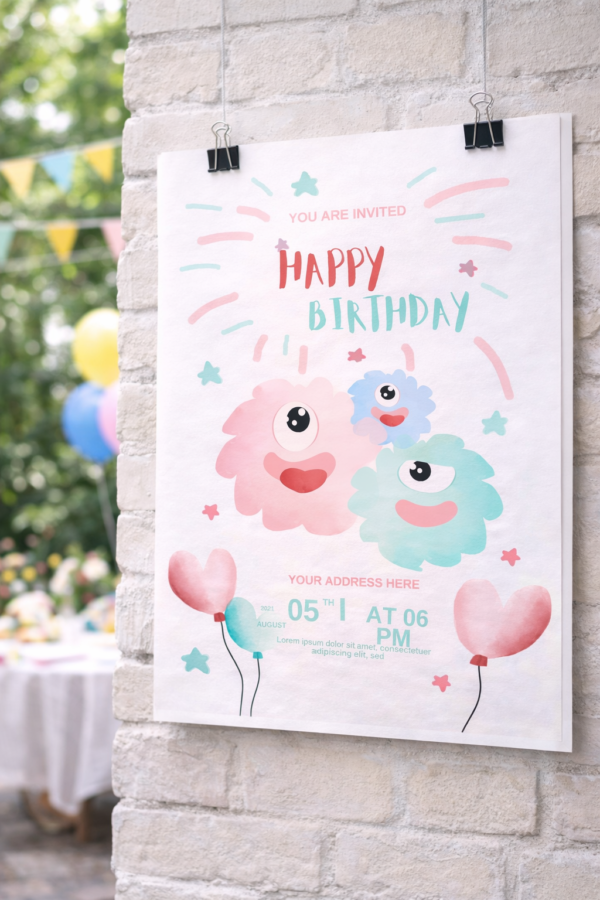 Cute monster birthday invitation template