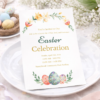 easter celebration invitation card on spring decorated table