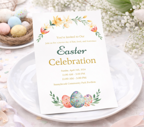 easter celebration invitation card on spring decorated table