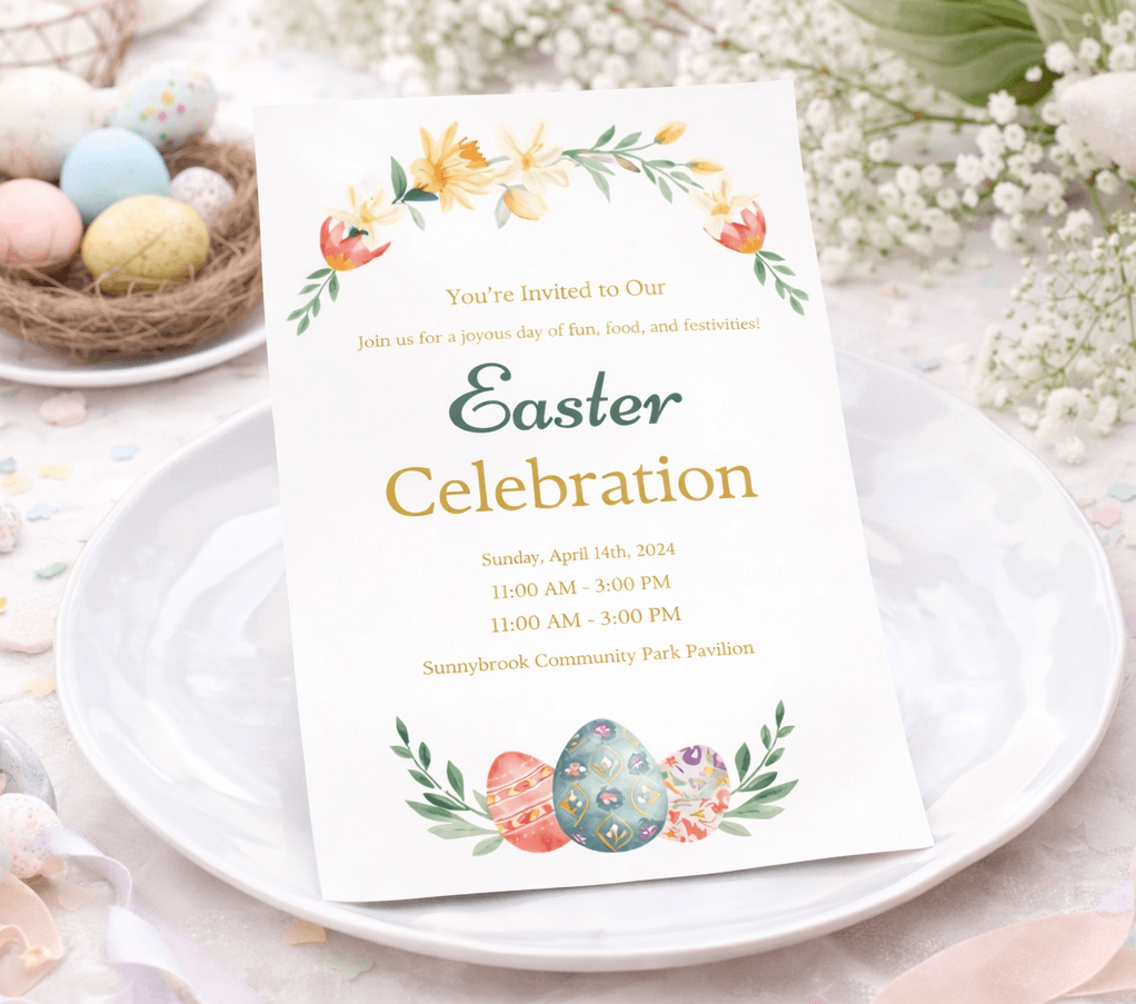 easter celebration invitation card on spring decorated table