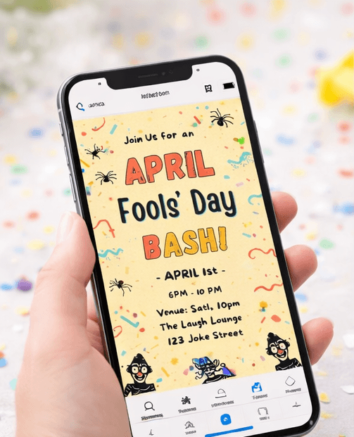editable april fools invitation template displayed on smartphone
