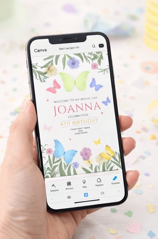 editable butterfly birthday invitation template displayed on phone screen