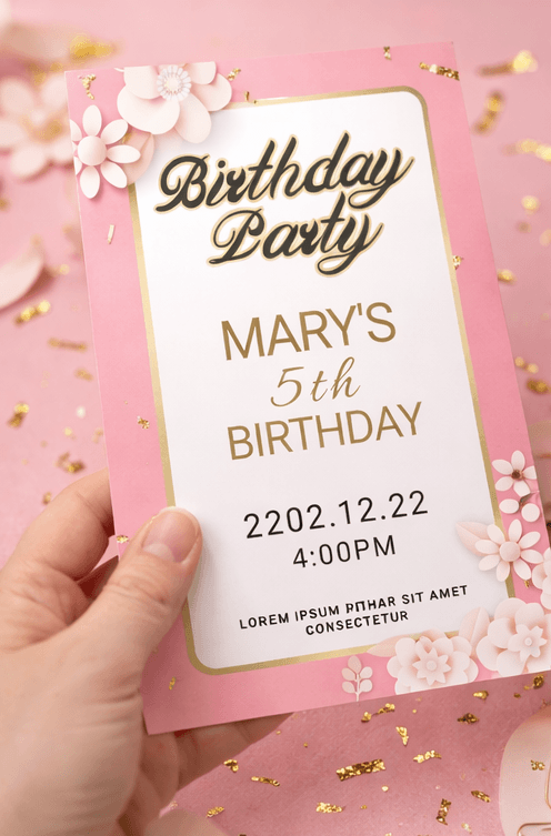elegant kids birthday invitation with floral design close up