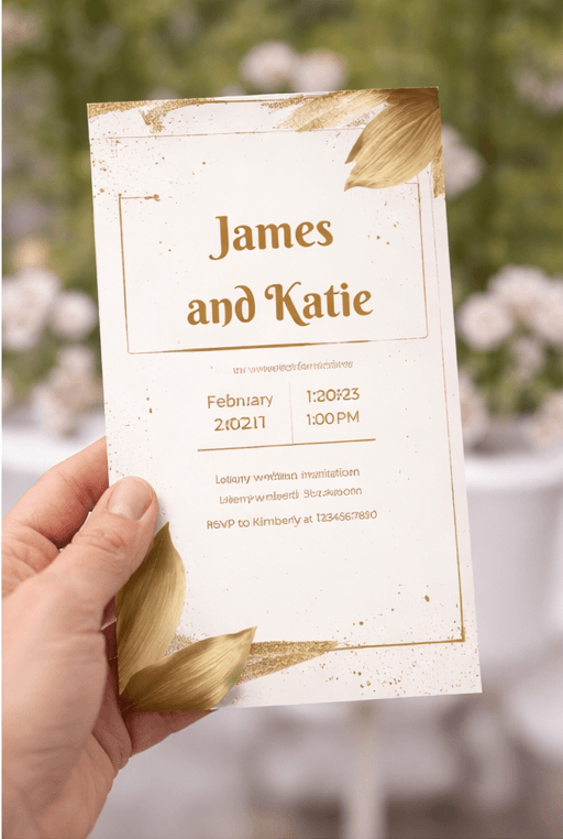 elegant wedding invitation with gold leaf design close up