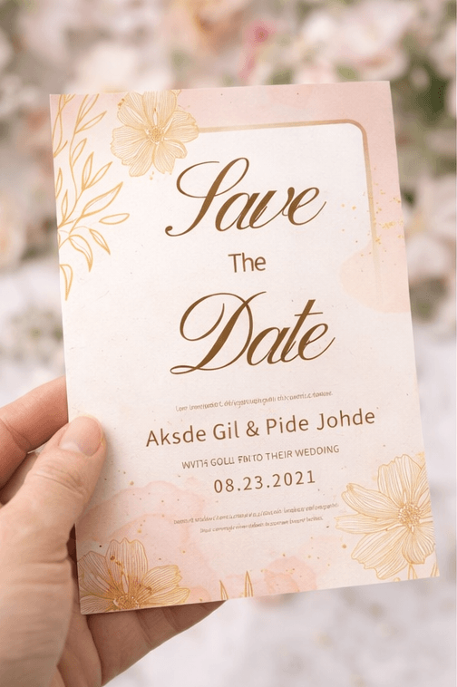 elegant wedding save the date card with gold floral line art close up