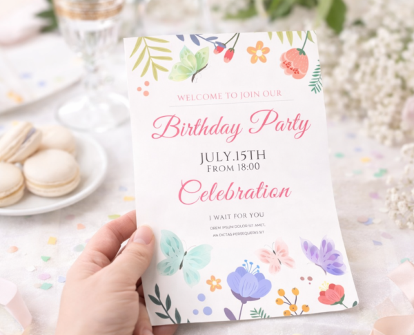 floral butterfly birthday invitation card on elegant party table