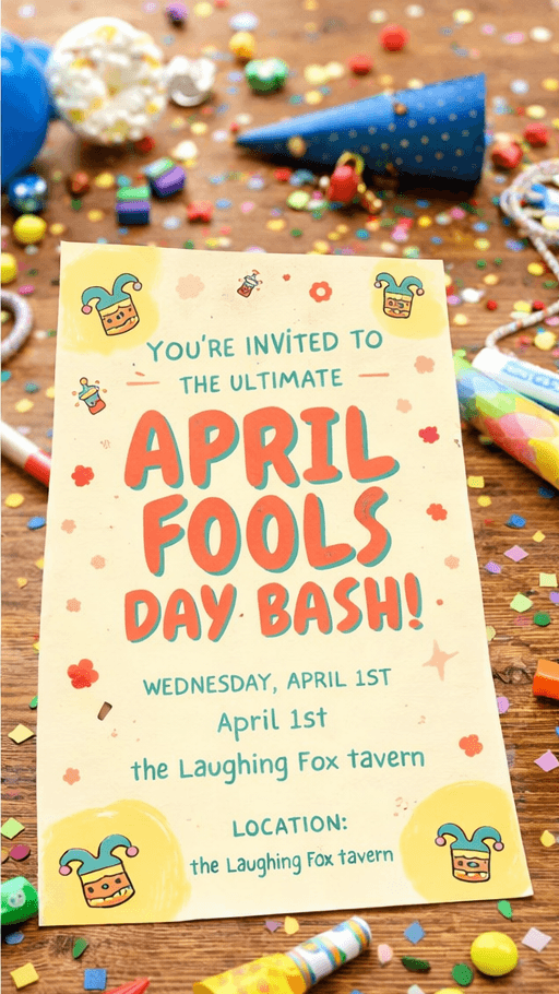 fun april fools invitation card on table with party decorations