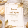 gold leaf wedding invitation template on marble background