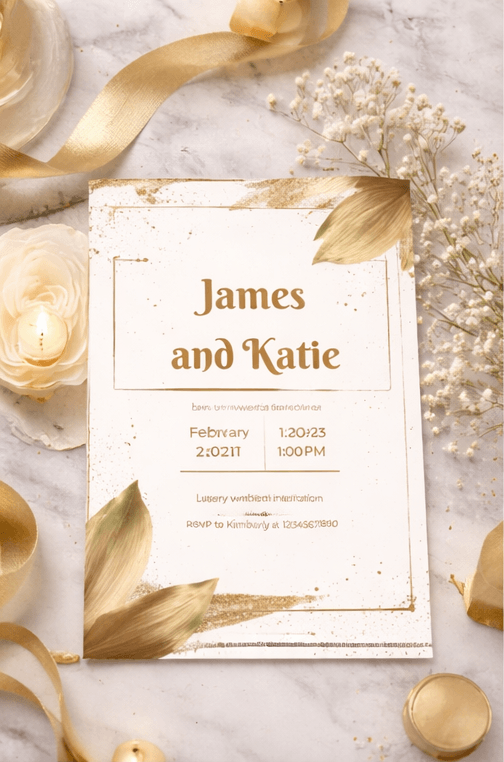 gold leaf wedding invitation template on marble background