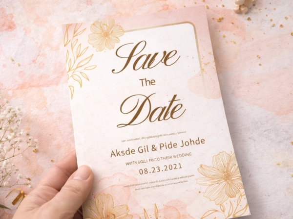 gold line floral save the date template on watercolor background