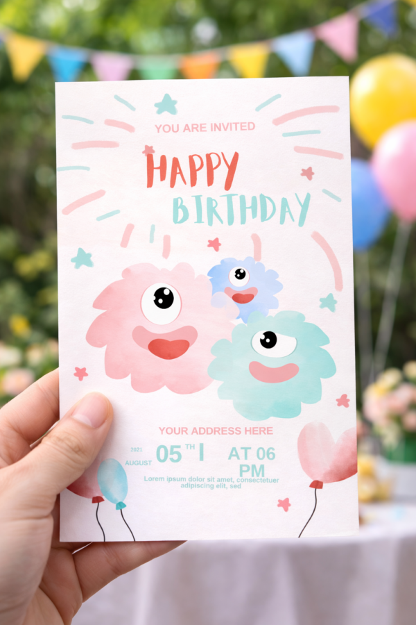 Cute monster birthday invitation template