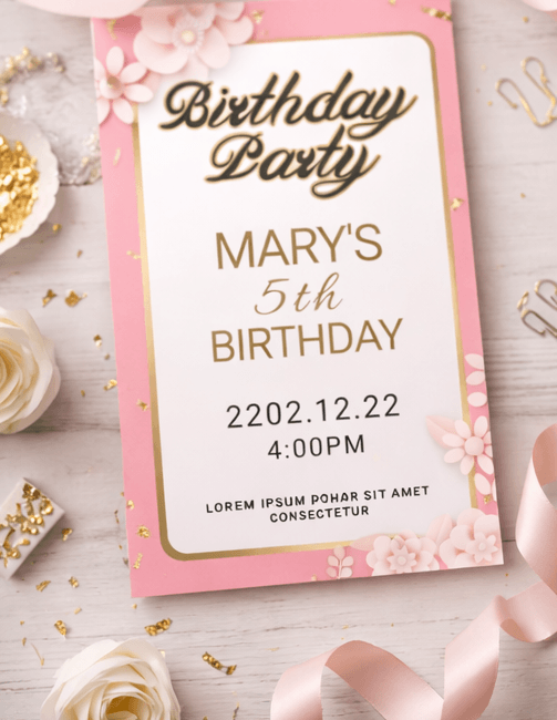 printable pink birthday party invitation with gold border