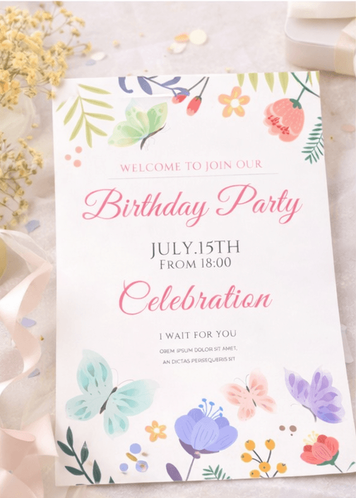 printed butterfly floral invitation with soft pastel decorations
