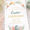 printed easter invitation with floral eggs and soft pastel decorations
