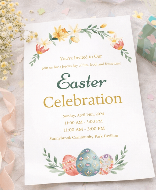 printed easter invitation with floral eggs and soft pastel decorations