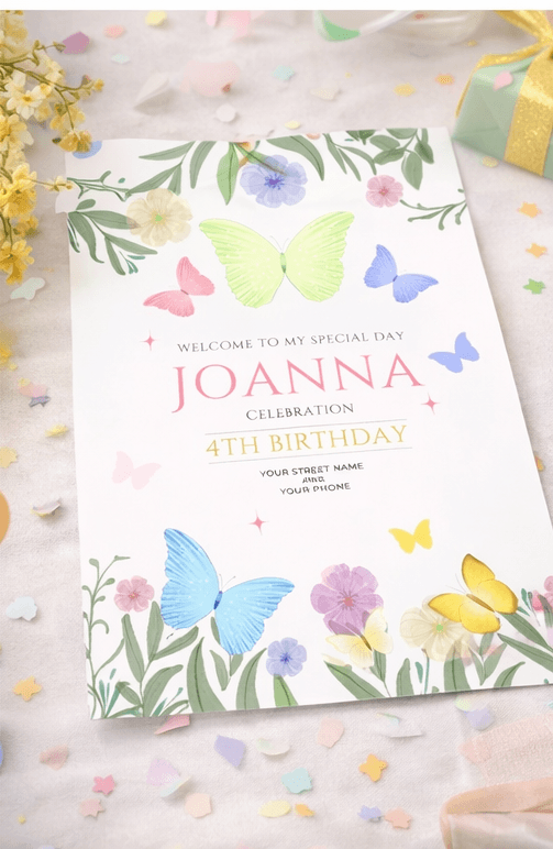 printed kids butterfly birthday invitation with pastel floral decorations