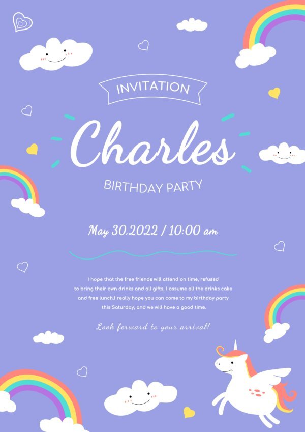 purple unicorn birthday invitation template