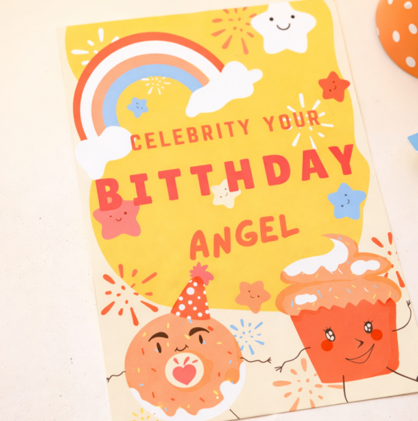 rainbow cartoon birthday invitation template with cute characters