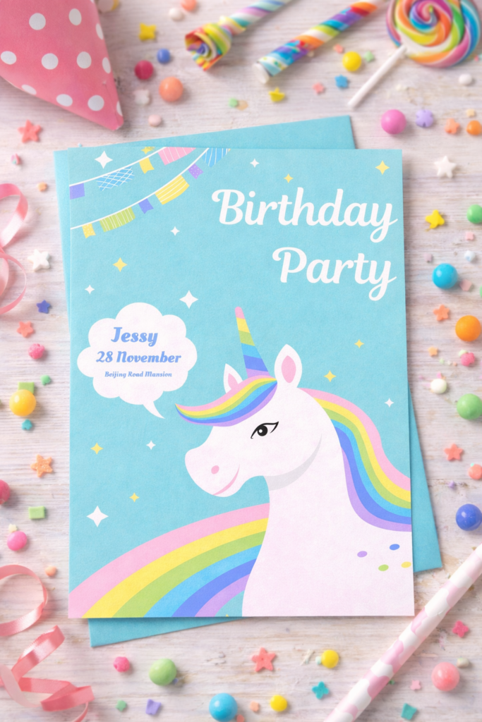 rainbow unicorn birthday invitation