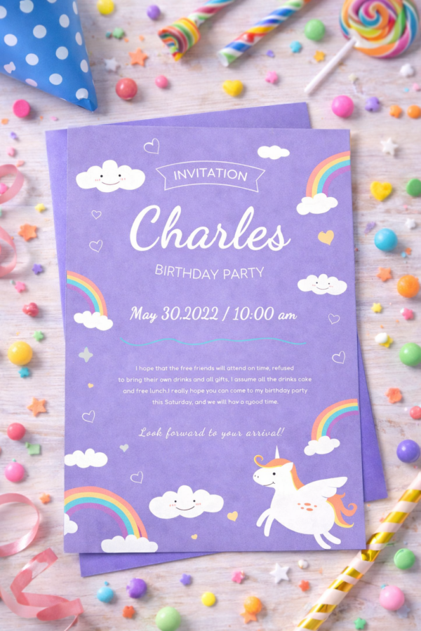 rainbow unicorn invitation Canva template